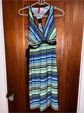 Striped V-Neck Maxi Dress in Blue, Green & Black